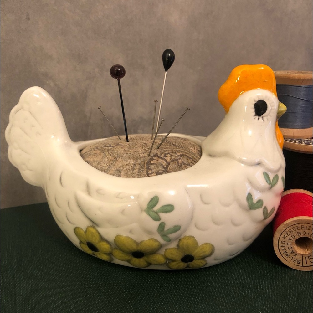 Charming Ceramic Chicken Pin Cushion with Yellow Floral Accents